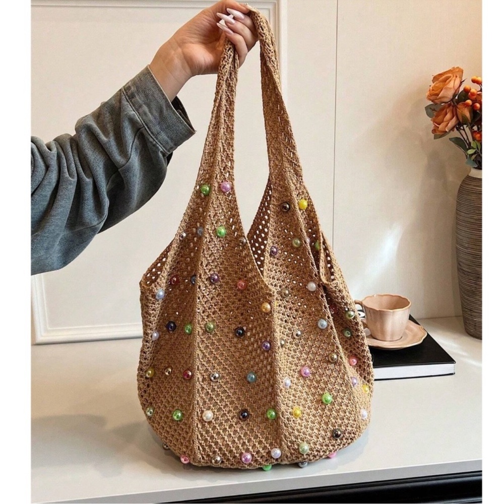 Boho Tan Crochet Multicolor Faux Pearl Shoulder Tote Bag